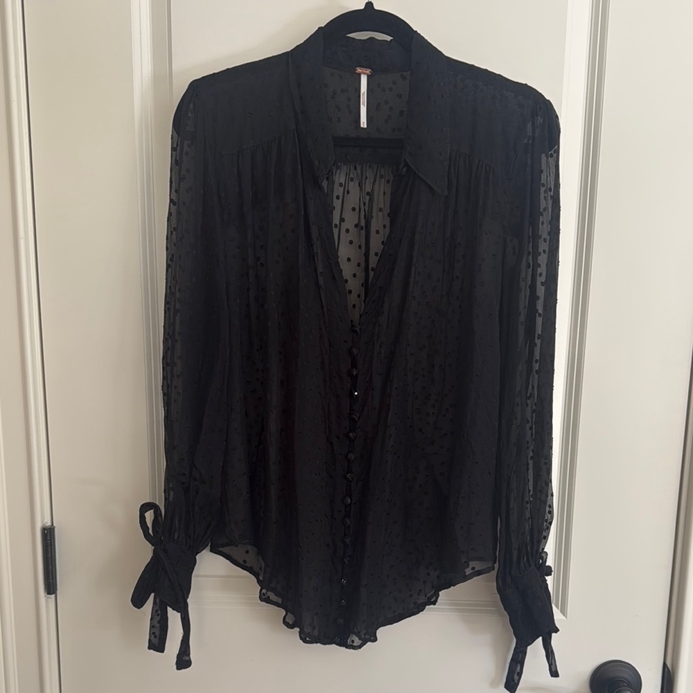 Free People Chic Black Sheer Button Down Blouse with Polka Dots - size Medium